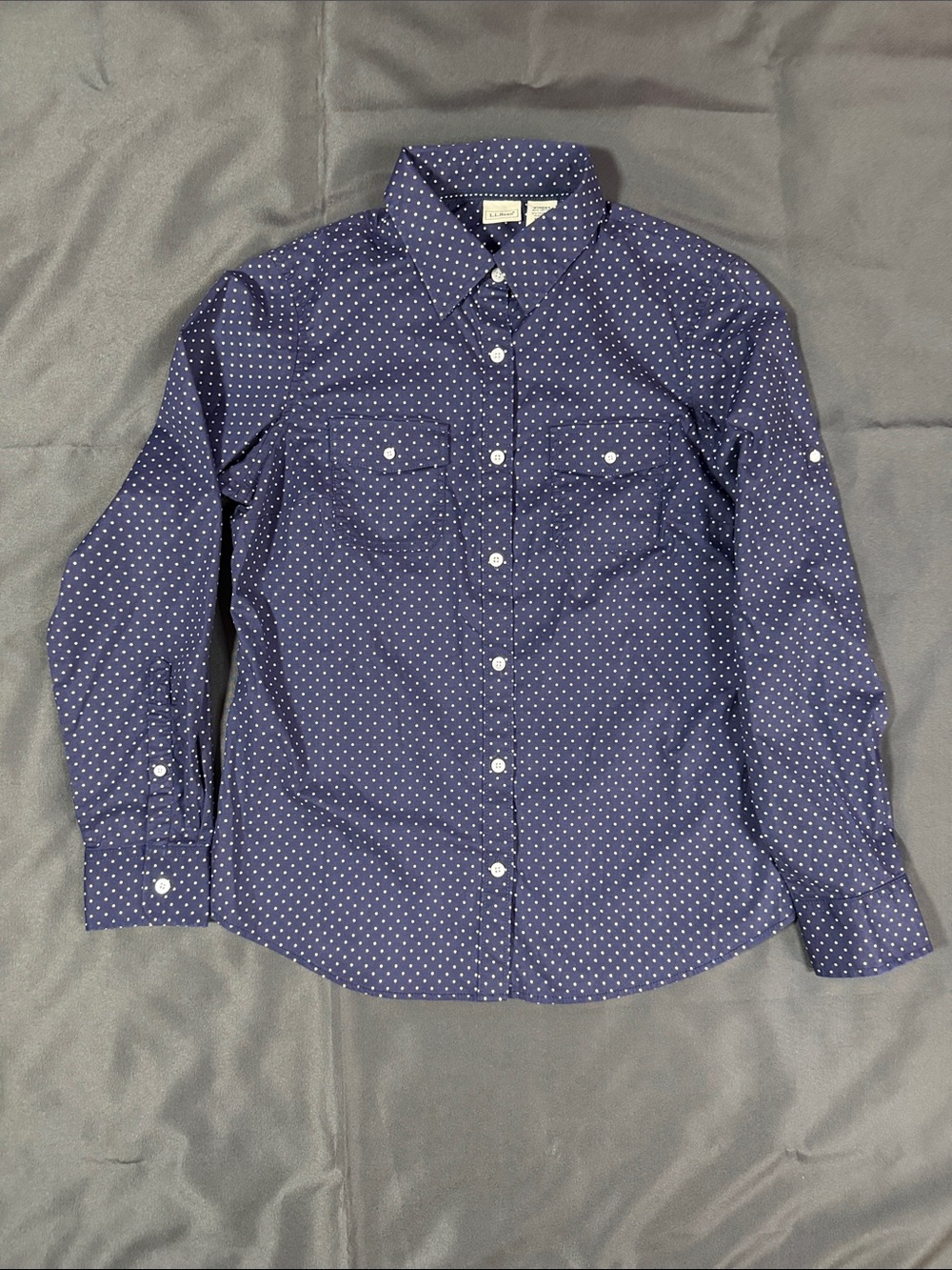 L.L. Bean Navy Blue Polka Dot Button-Down Shirt Roll Tab Sleeves